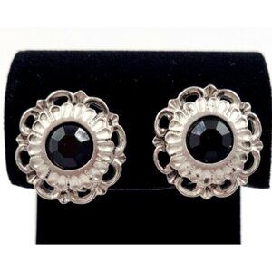 RRS Signed Silver Tone Clip-On Earrings Black Cut Stone Beautiful Hard to Find